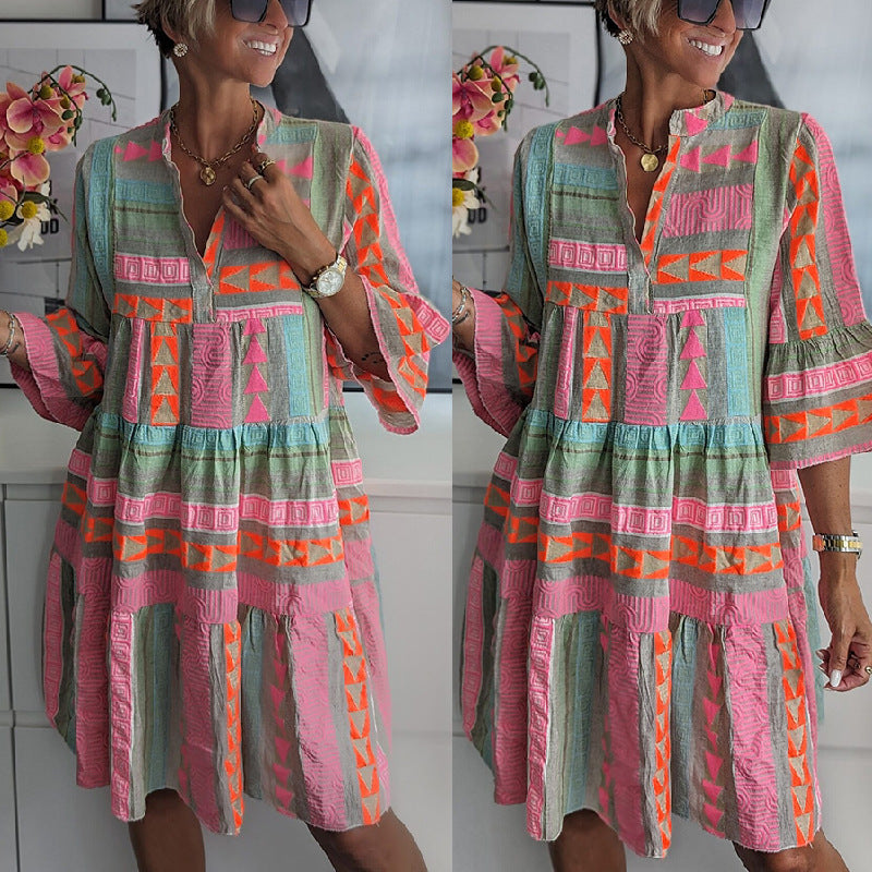 Stand Alone Printed V-neck Three Quarter Sleeve Dress