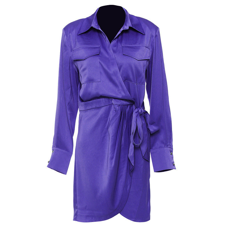 Satin Tooling Pocket Mid Length Shirt Dress