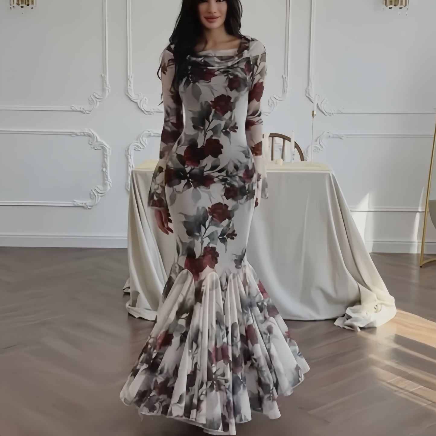 Romantic French Floral Print Long Sleeve Maxi Dress