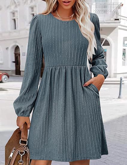 Round Neck Pocket Knitted Sweater Long Sleeve A Line Dress