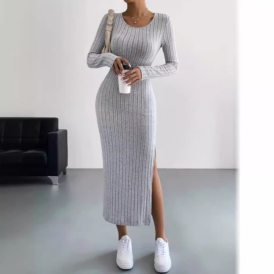 Long Sleeve Crew Neck Split Knitted Maxi Dress