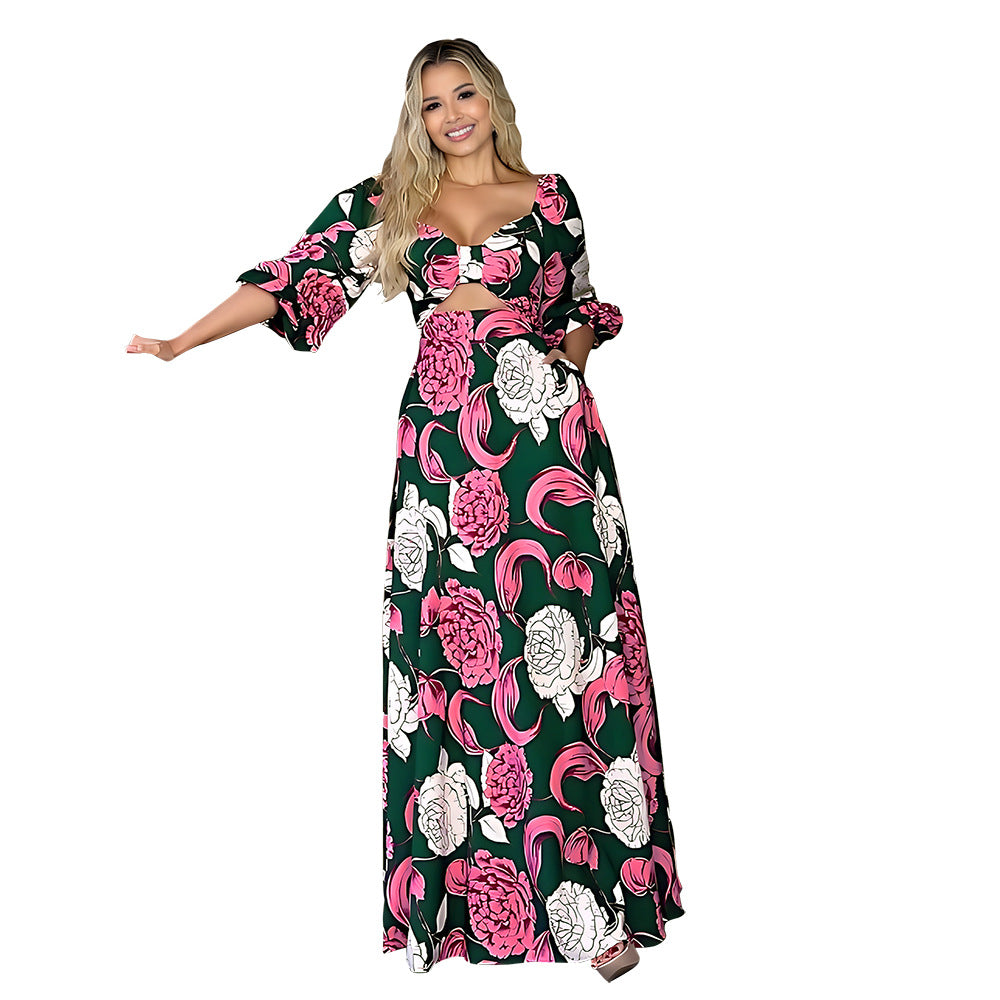 Square Collar Bow Hollow Out Bubble Long Sleeve Maxi Dress