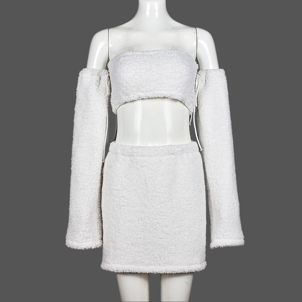 Conjunto de falda recortada con recorte calado y camiseta sin mangas sexy de felpa de doble cara Otoño Invierno