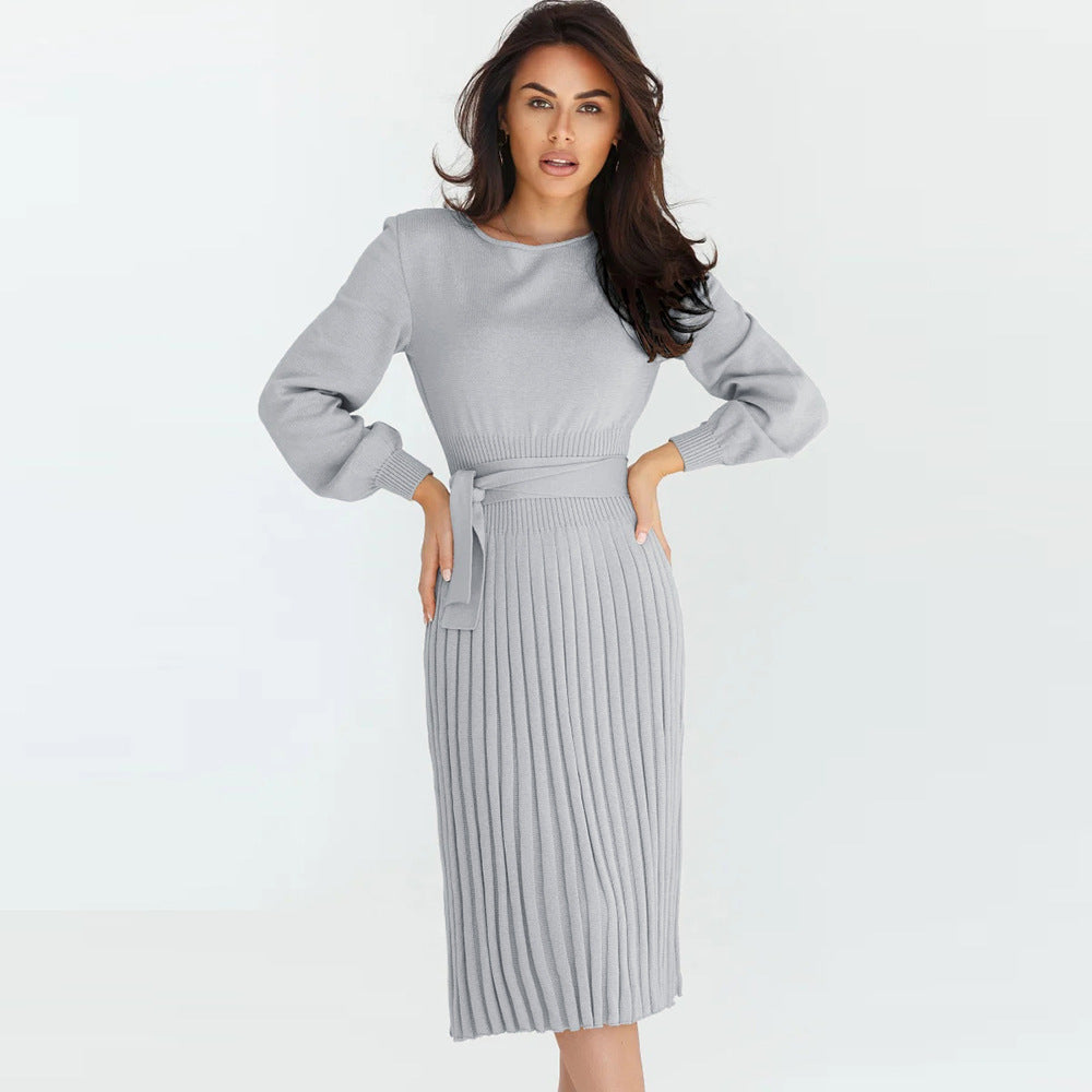 Slim-Fit Pleated Mid-Length Bottoming Sweater Knitting Dress