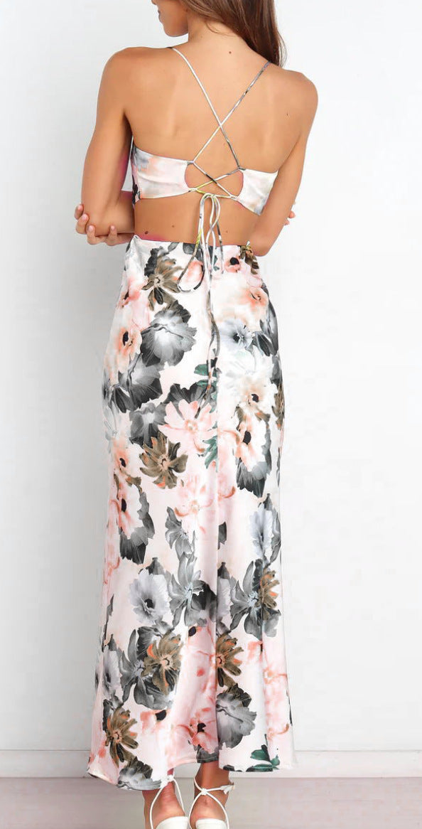 Summer Lace Printing Satin Elegant Dress