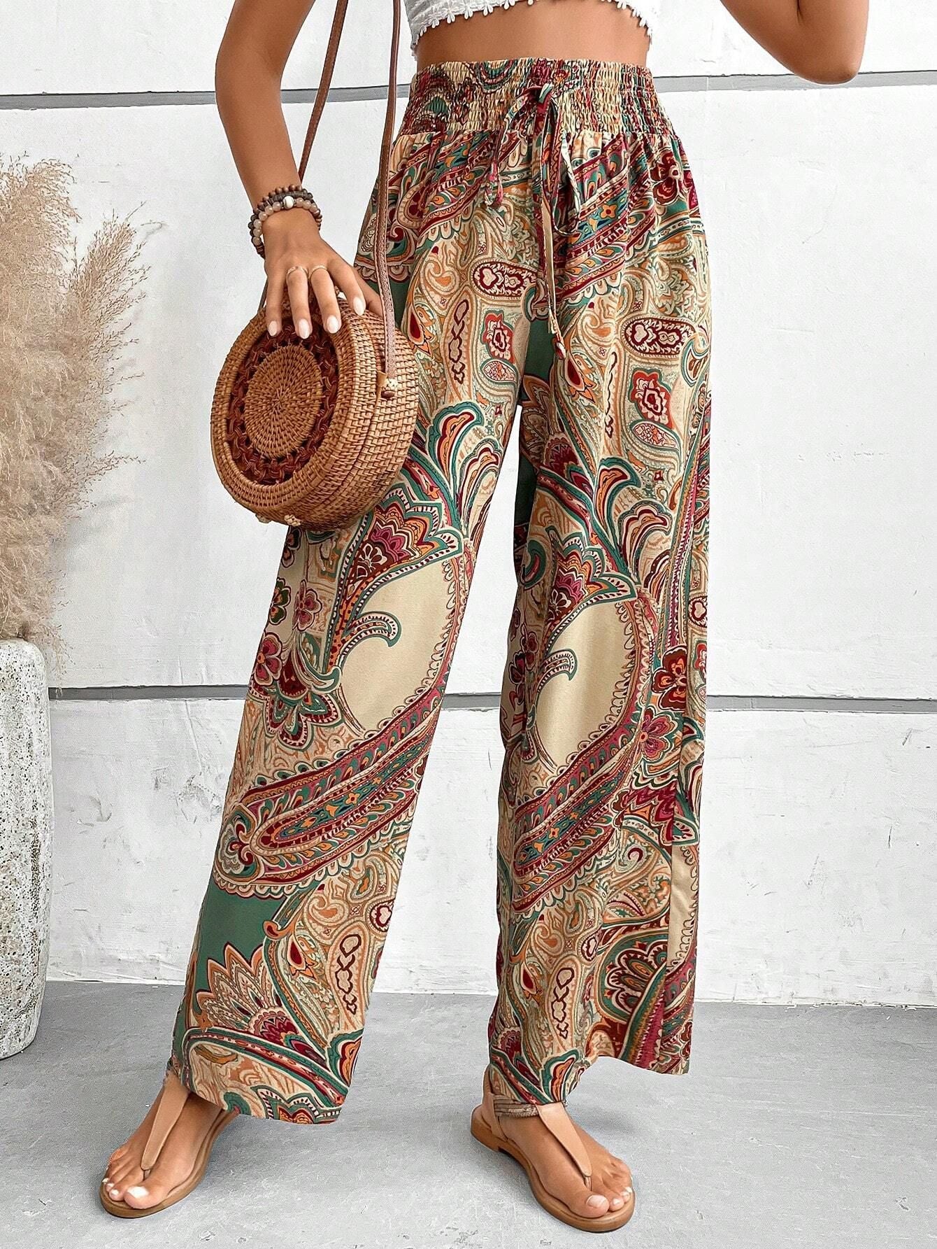 Summer All Match Printed Elastic Waist Wide Leg Pants