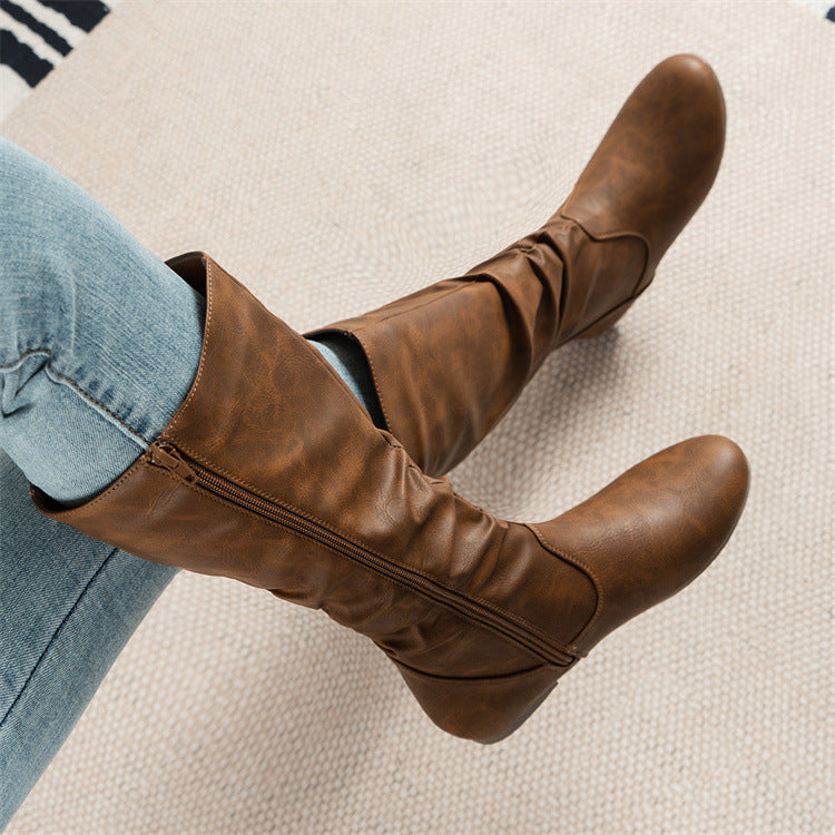 Pleated High Top Inner Zipper Flat Bottom round Head Boots