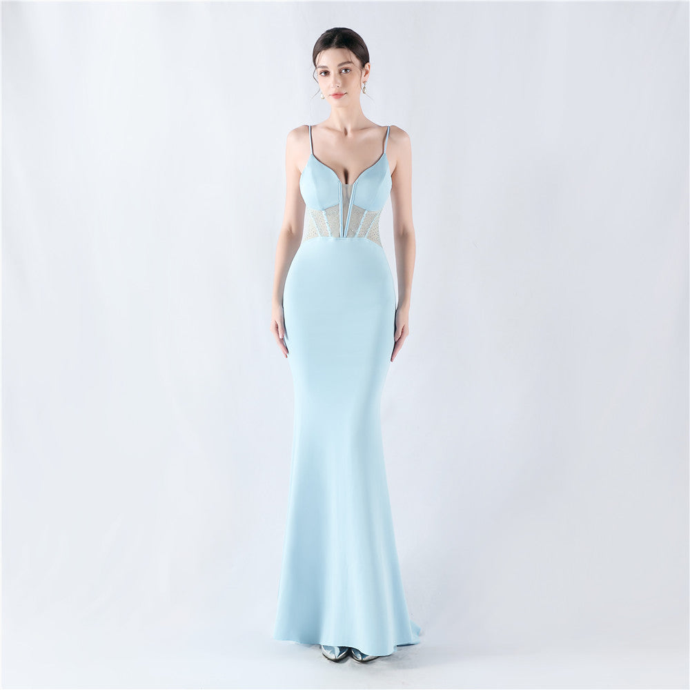 Elegant Boning Corset Vest Shaping Mesh Rhinestone Sling Sheath Fishtail Evening Dress