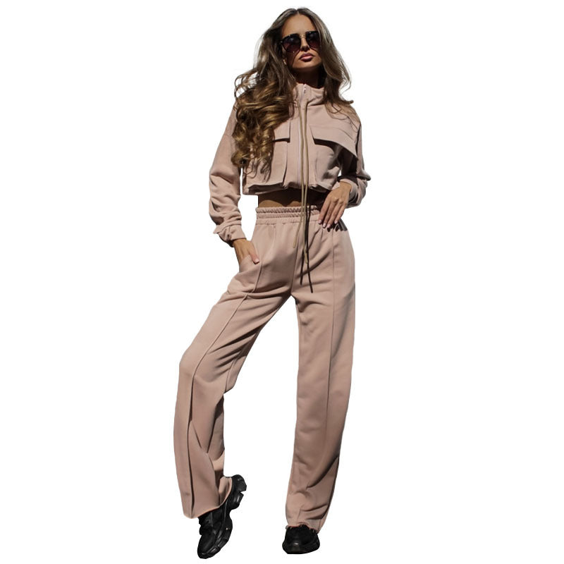 Solid Color Zipper Double Bag Drawstring Long Sleeve Top Casual Trousers Set