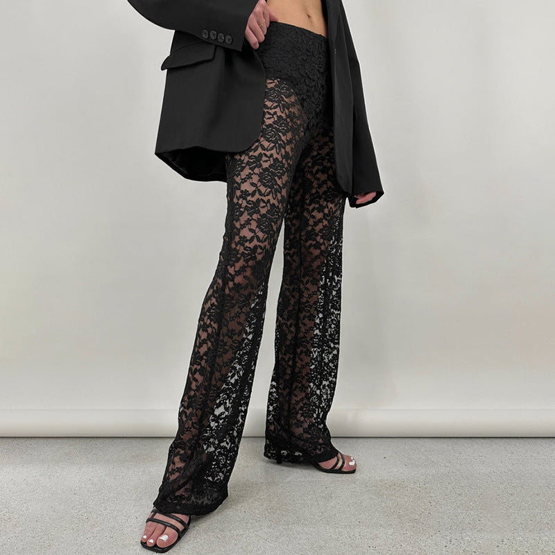 Sexy Lace See Through High Waist Stitching Long Straight Leg Pants