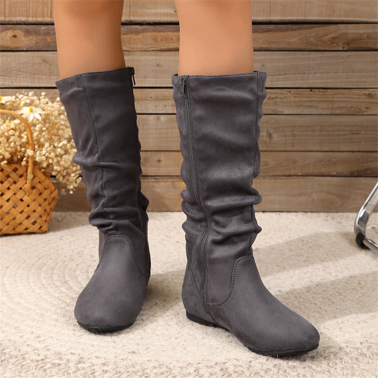 Pleated Zipper Flat Ankle Boots