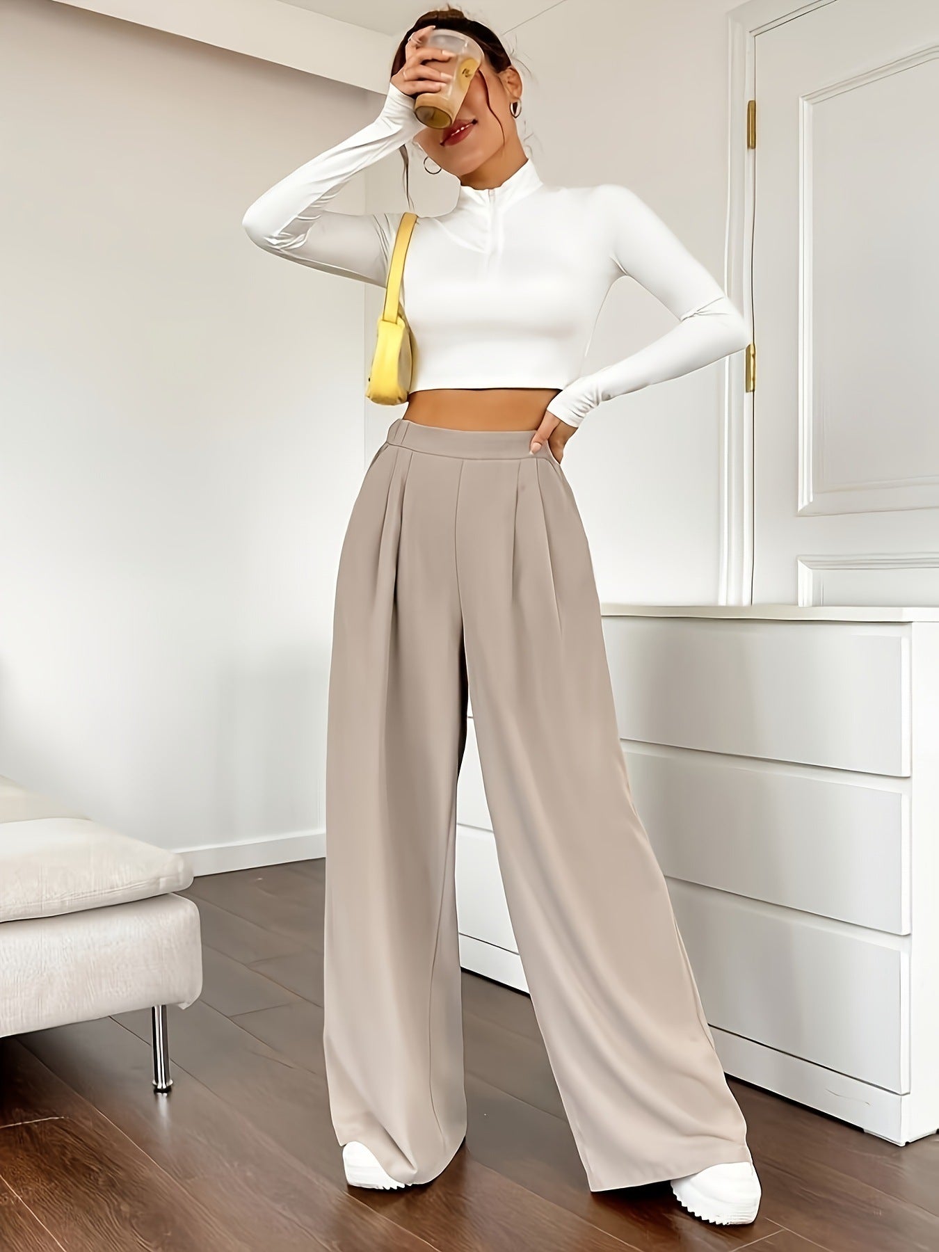 Elegant High Waist Wide Leg Straight Office Pants