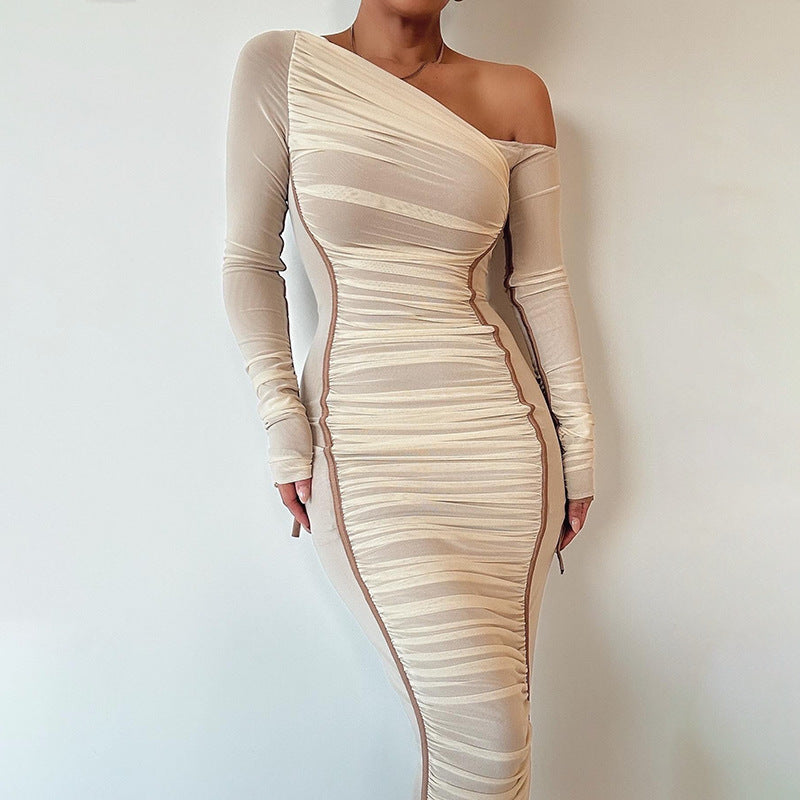 Sexy Mesh Stitching One Shoulder Slim Fit Maxi Dress