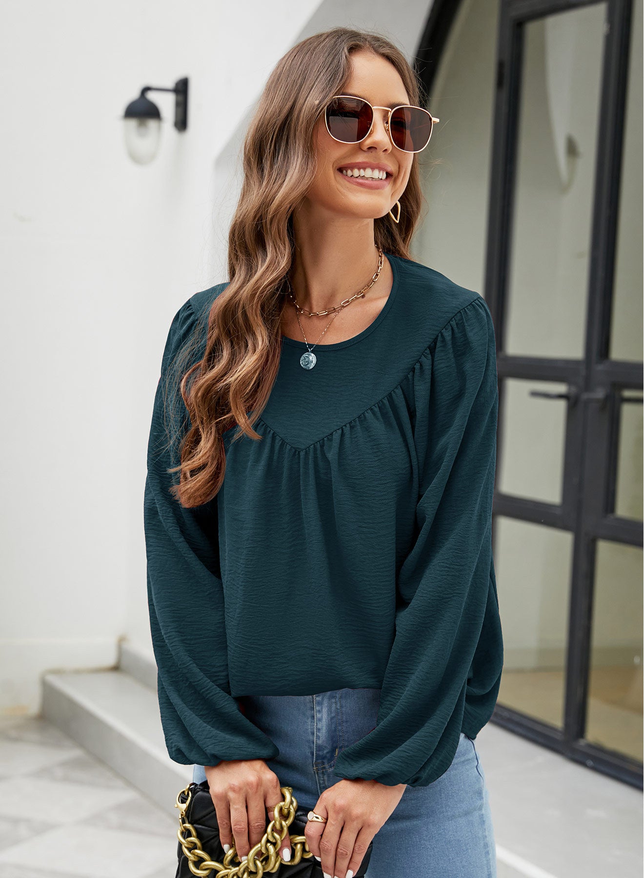 Top camicia in chiffon con maniche a lanterna