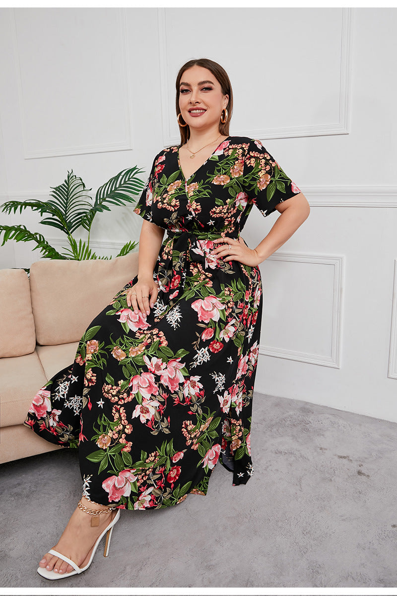 Plus Size High Waist Western V-neck Midi Dress