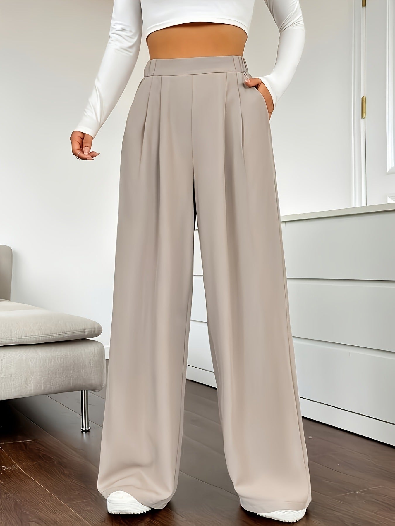 Pantalones de oficina elegantes, rectos, de cintura alta y pierna ancha