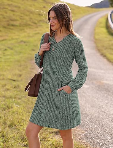 V Neck Pocket Sunken Stripe Brushed Long Sleeve Casual Dress