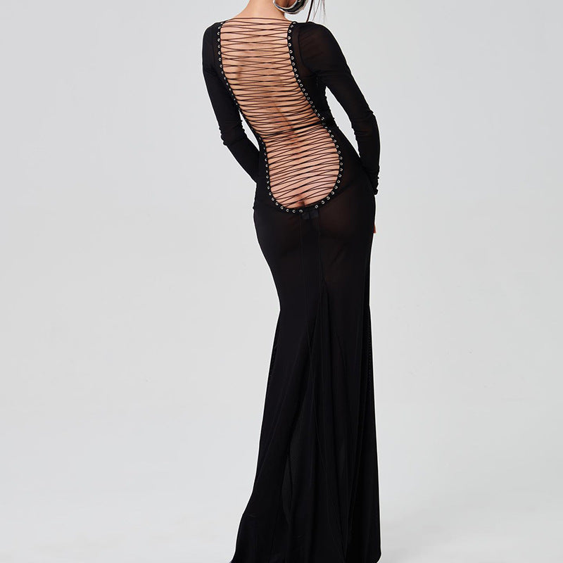 Sexy Mesh Backless Lace up Long Sleeve Super Maxi Dress