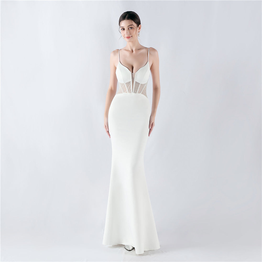 Elegant Boning Corset Vest Shaping Mesh Rhinestone Sling Sheath Fishtail Evening Dress