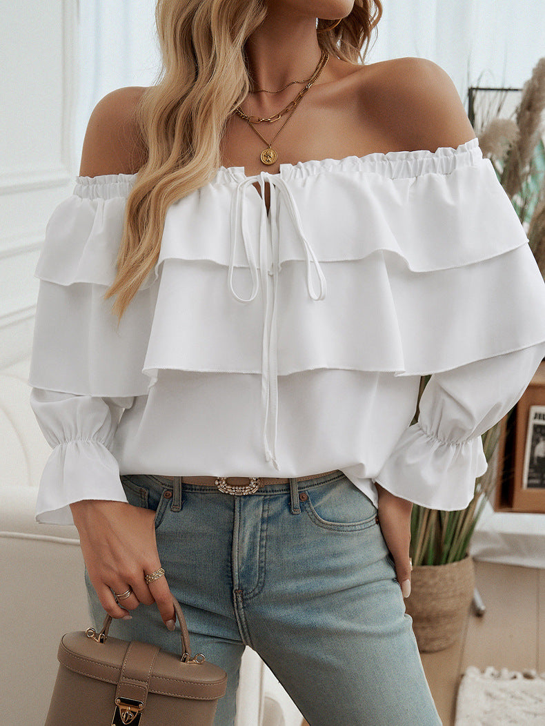 Losse plooien off shoulder bisschopsmouwen top