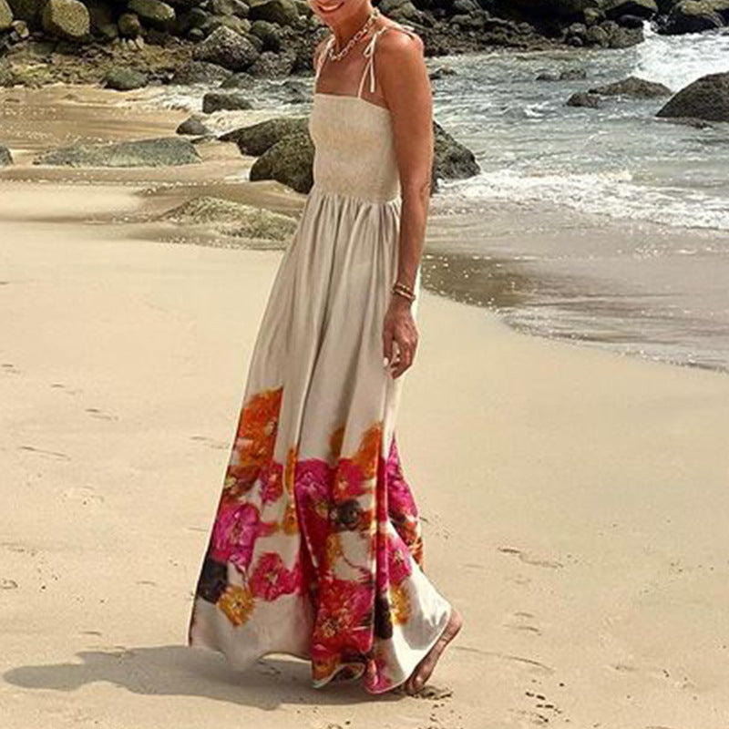 Vestido largo medio de playa con tirantes para vacaciones y estampado de verano