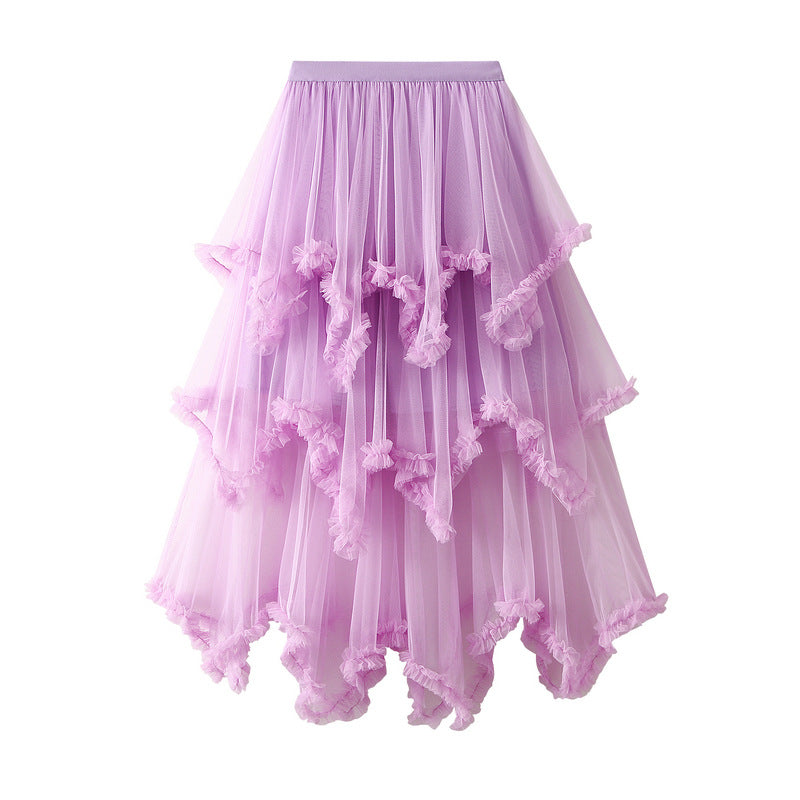 Wooden Ear Irregular Asymmetric Mesh Tiered Skirt