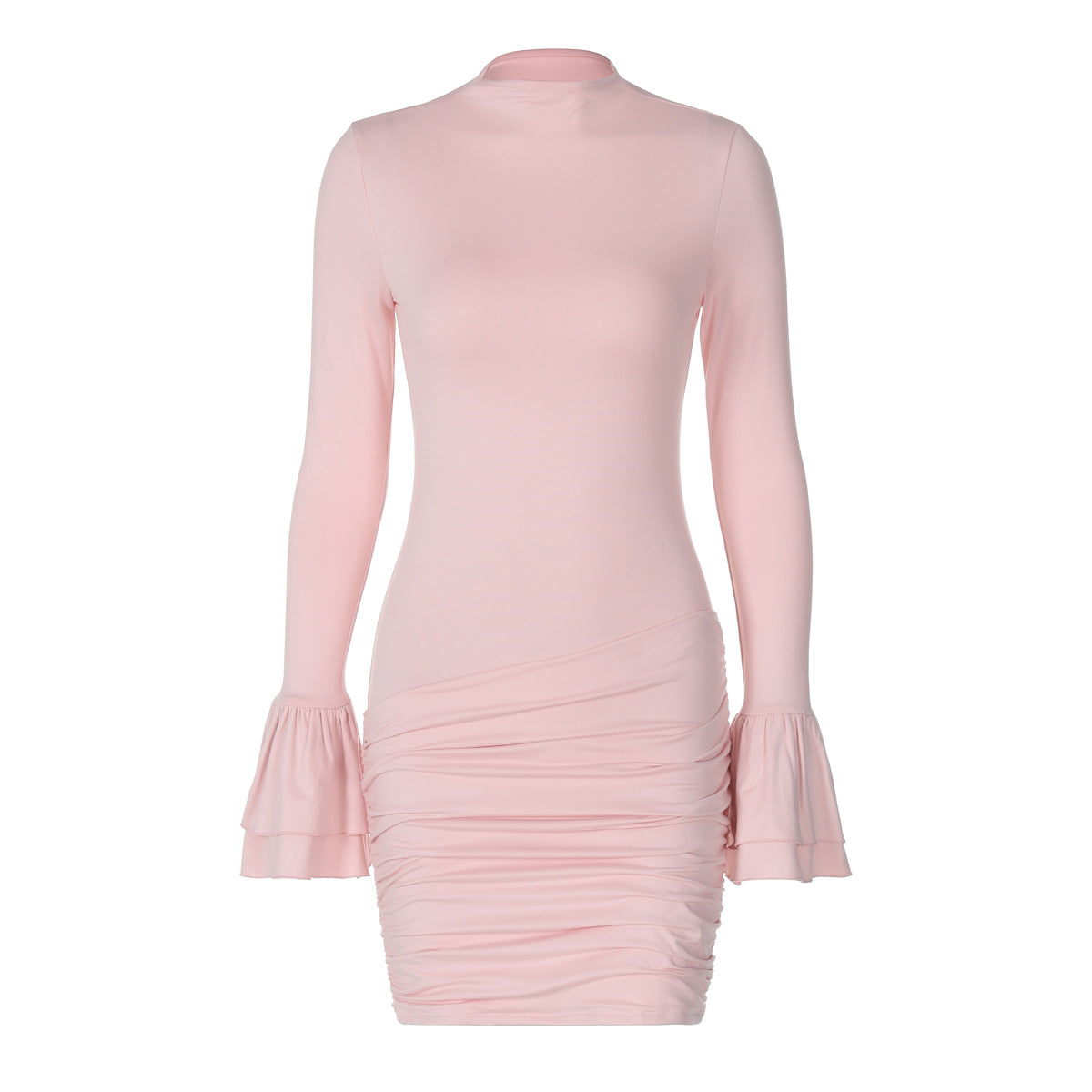 Sexy Round Neck Pleated Solid Color Bell Sleeve Sheath Dress