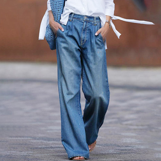 High Waist Slimming Wide Leg Pants Loose Fitting Mopping Denim Trousers