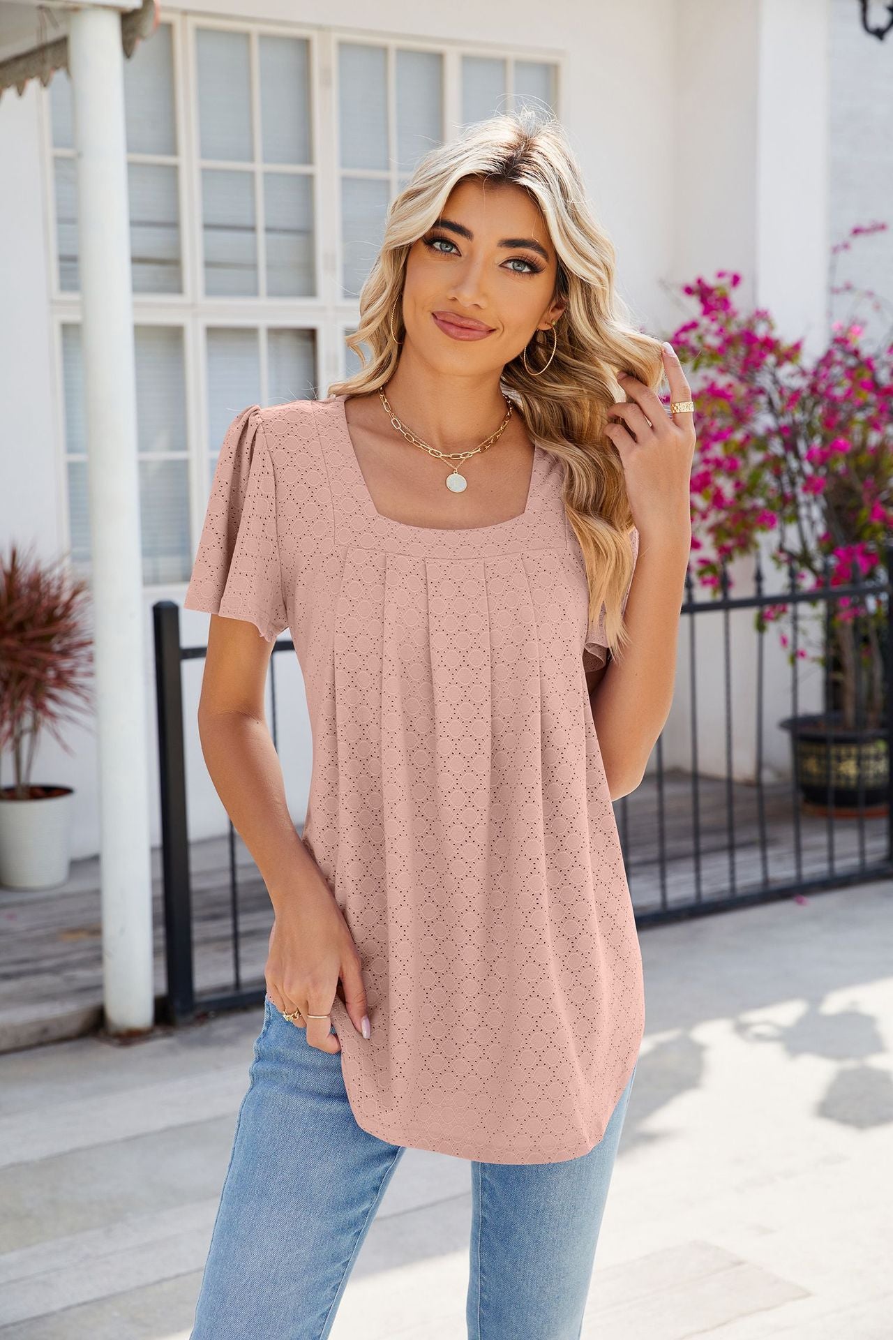 Square Collar Pleated Short Sleeves Loose Fitting T Shirt Top