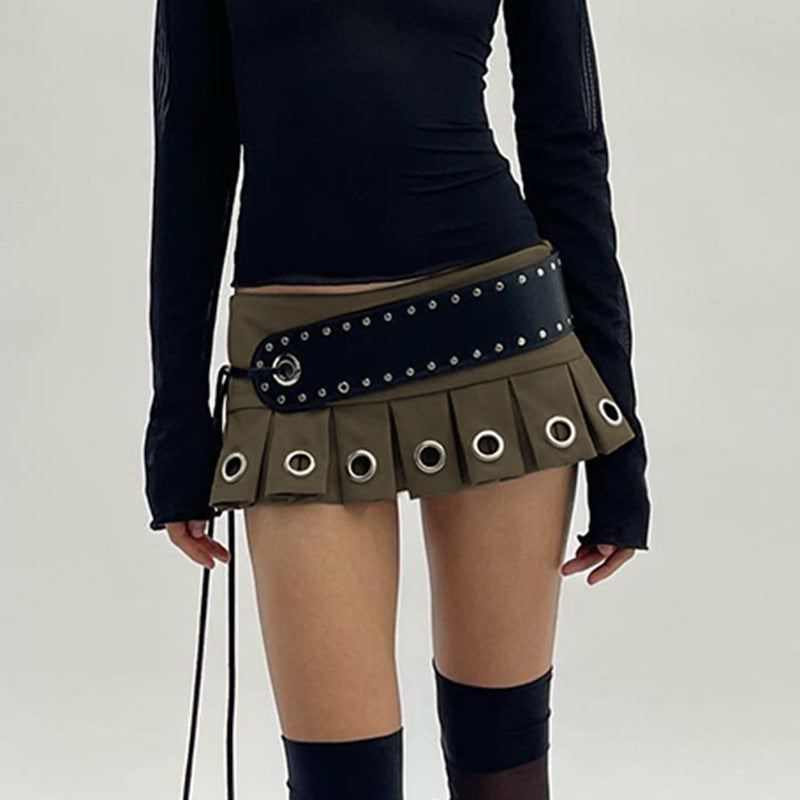 Falda plisada sexy de punk callejero con cinturón grande de cuero con cordones