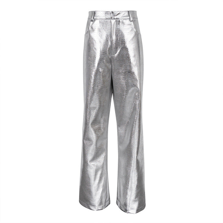 Metallic Coated Fabric Silver Scale Pattern High Waist Long Straight Pants