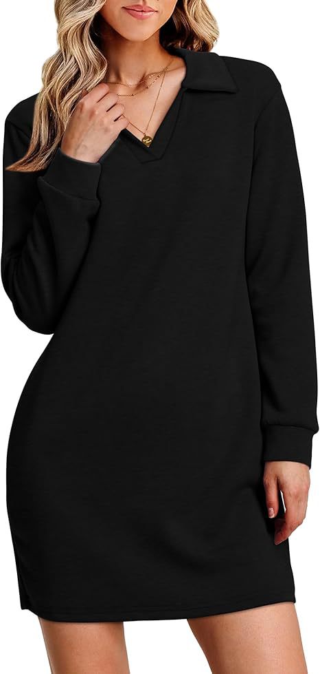 Collared Long Sleeve Casual Solid Color Sports Sweater Dress