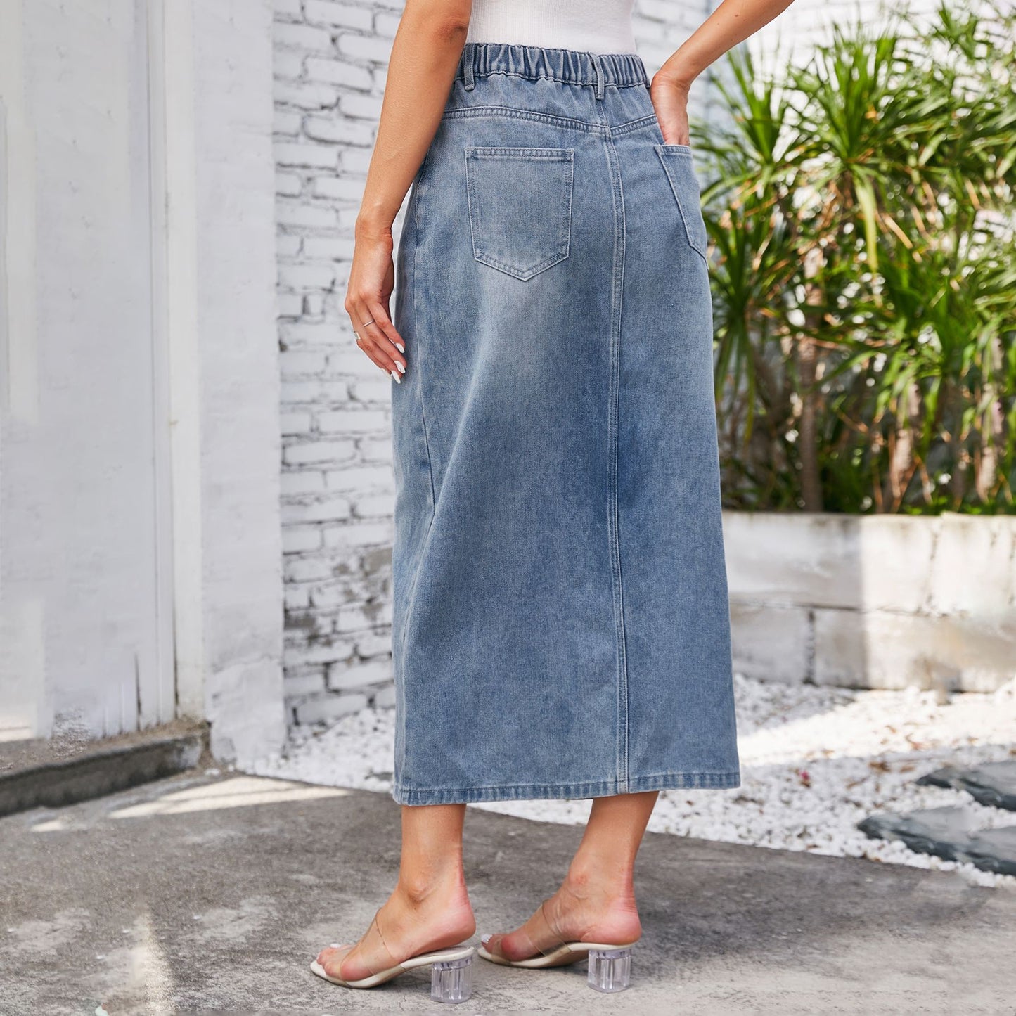 Washed Elastic Waist Split Denim Skirt