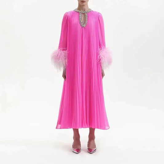 Round Neck Rhinestone Feathers Sleeve Stitching Pleated Midi Dress