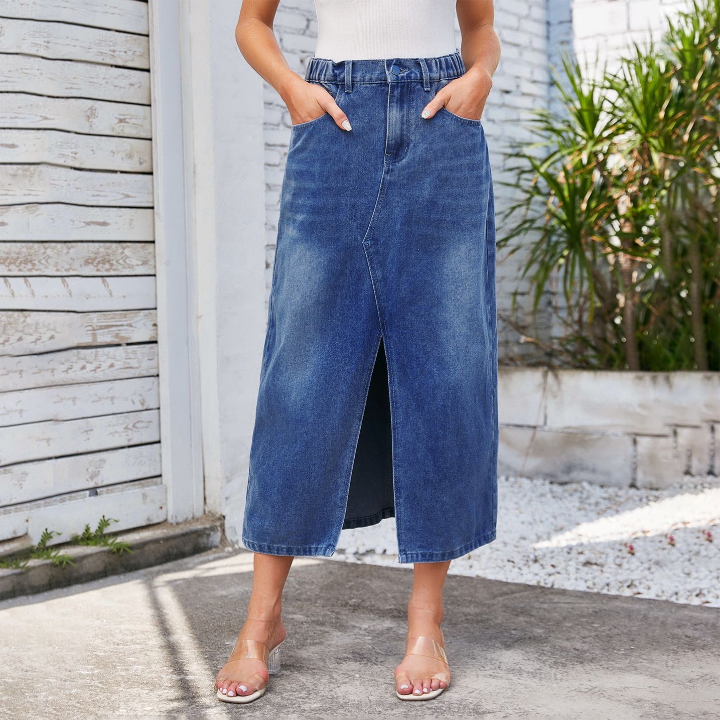 Washed Elastic Waist Split Denim Skirt