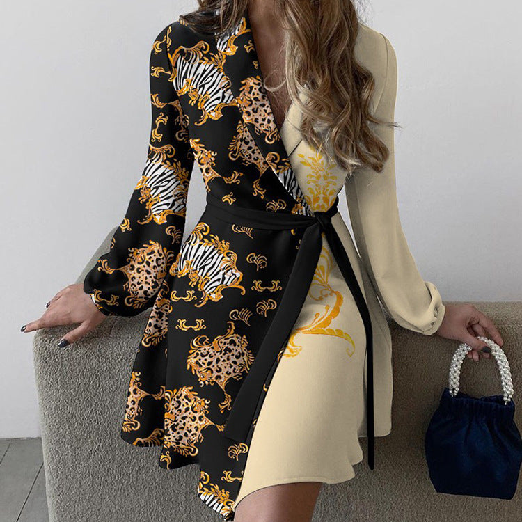 Office Collared Tied One Piece Color Matching Short Long Sleeve Dress
