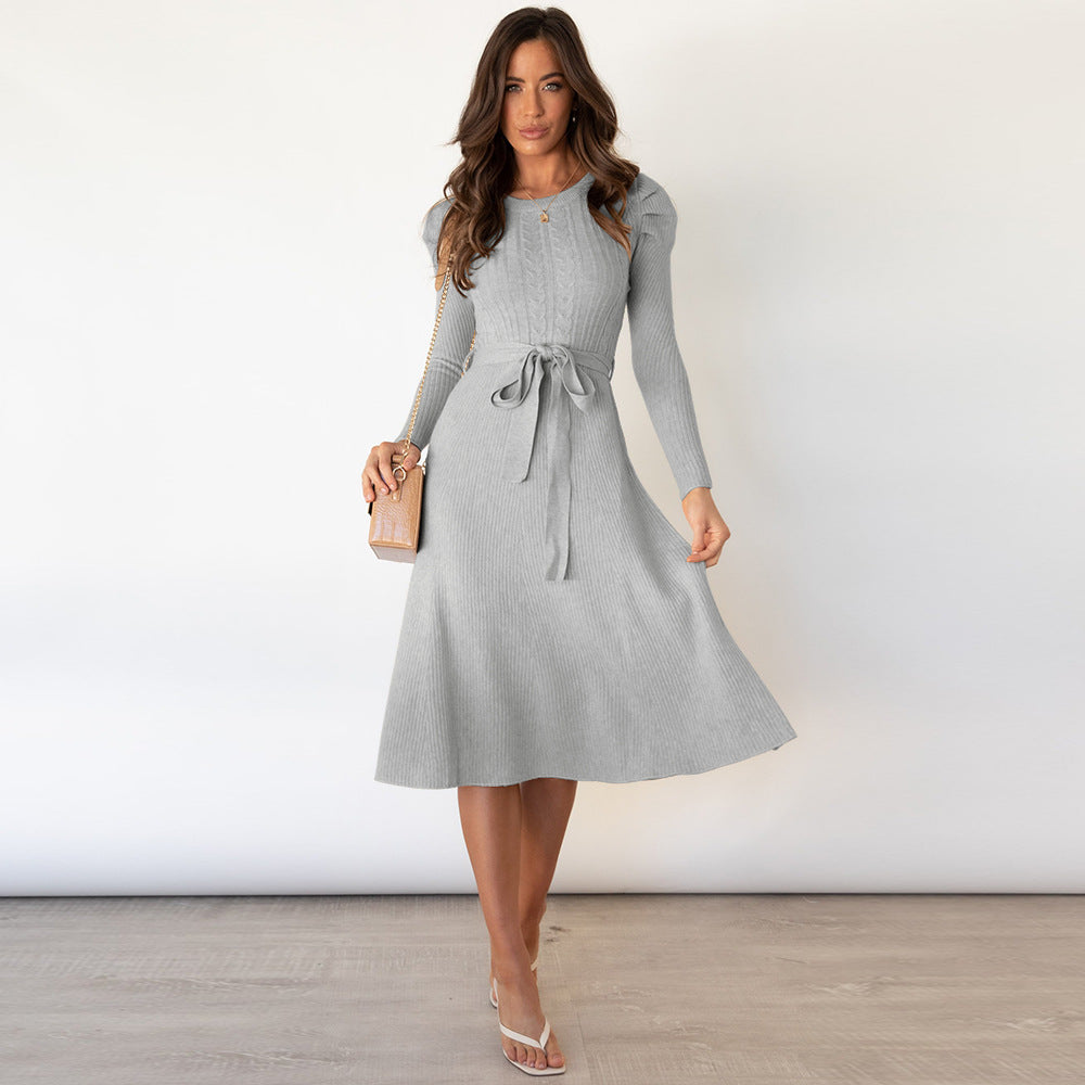 Long Sleeve Knitted Mid-Length Elegant Sweater Dress