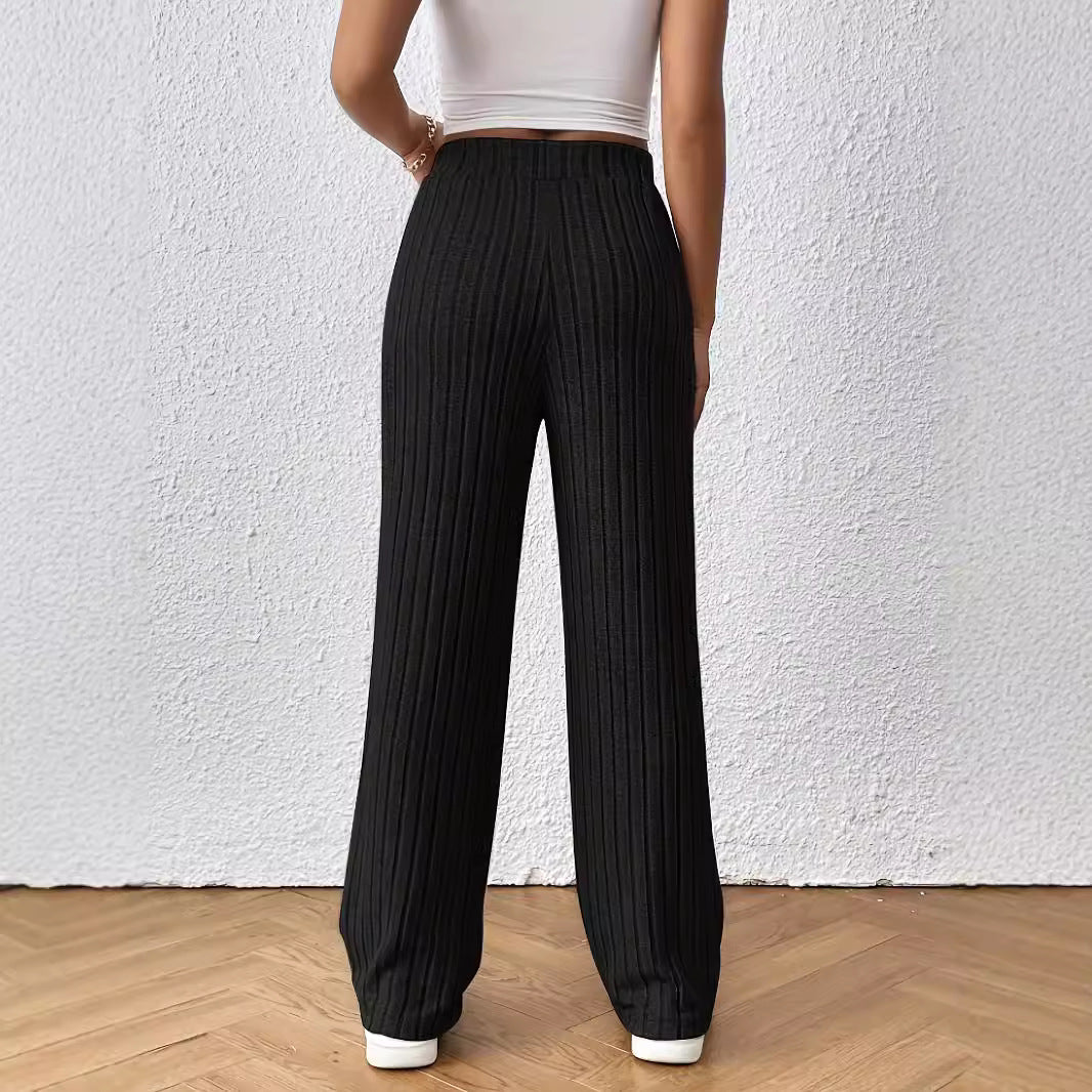 Knot Waist Texture Knitted Wide Leg Elastic High Waist Loose Straight Pants