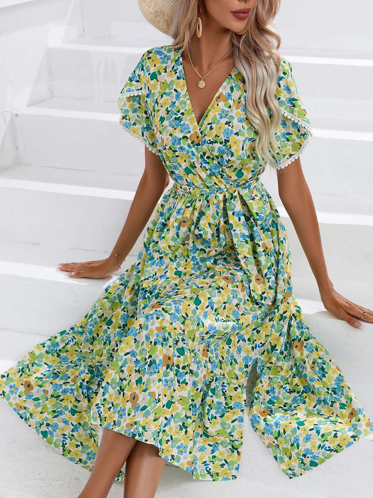 Floral Split V Neck Dress