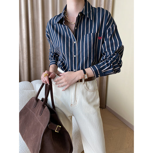 Love Small Embroidery French Brushed Vertical Stripes Loose Slimming Shirt