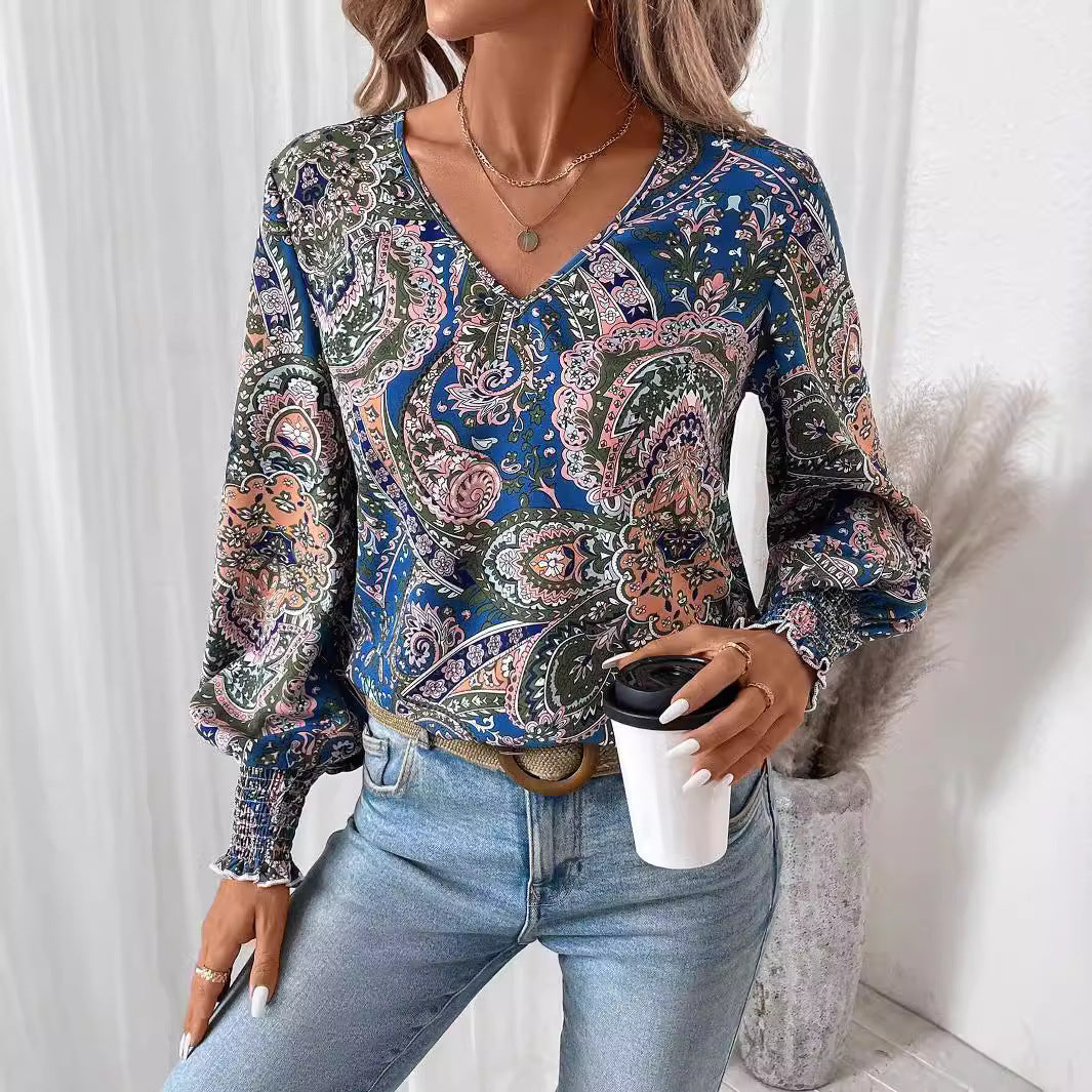 Elegant V Neck Printed Lantern Sleeve Shirt