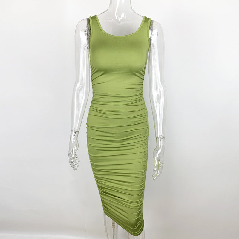 Solid Color Tight Backless Sleeveless Pleated Dress