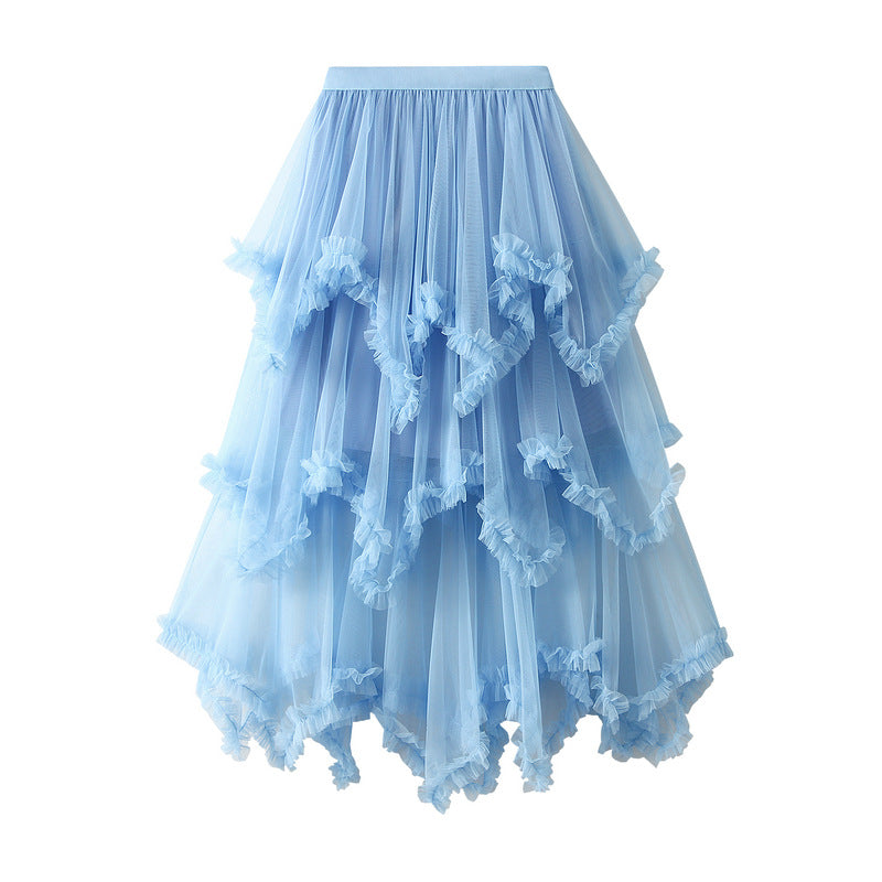 Wooden Ear Irregular Asymmetric Mesh Tiered Skirt