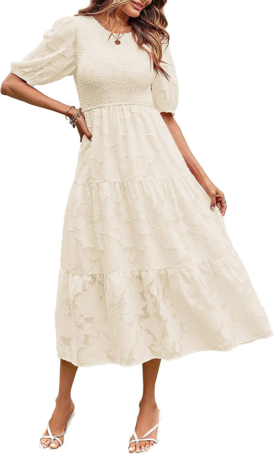 Round Neck Pleated Puff Sleeve Layered Floral Dress