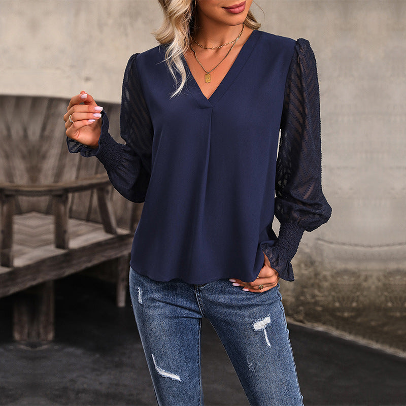 Long Sleeve V Neck Solid Color Shirt