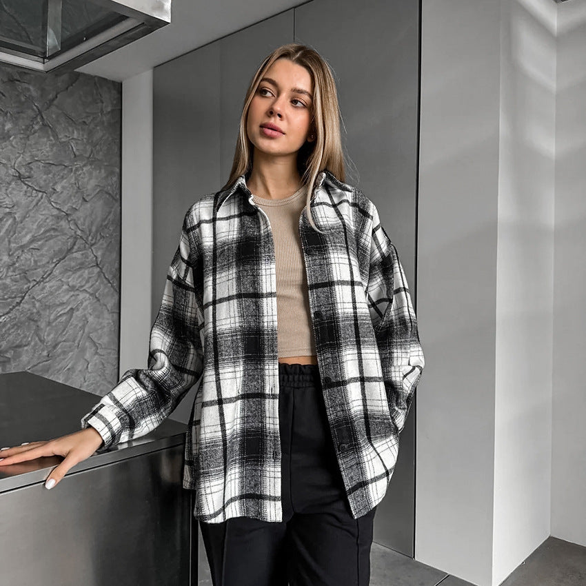 Retro Classic Loose Black White Plaid Shirt