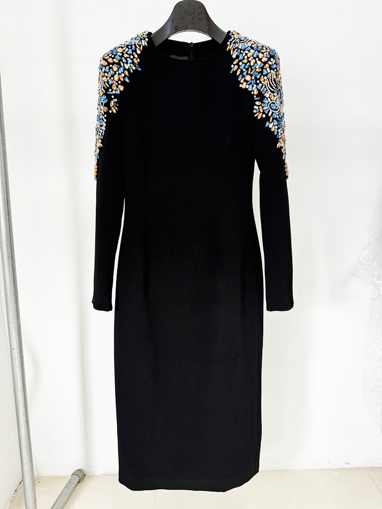 Beads Diamond Embedded Long Sleeve Mid Length Dress