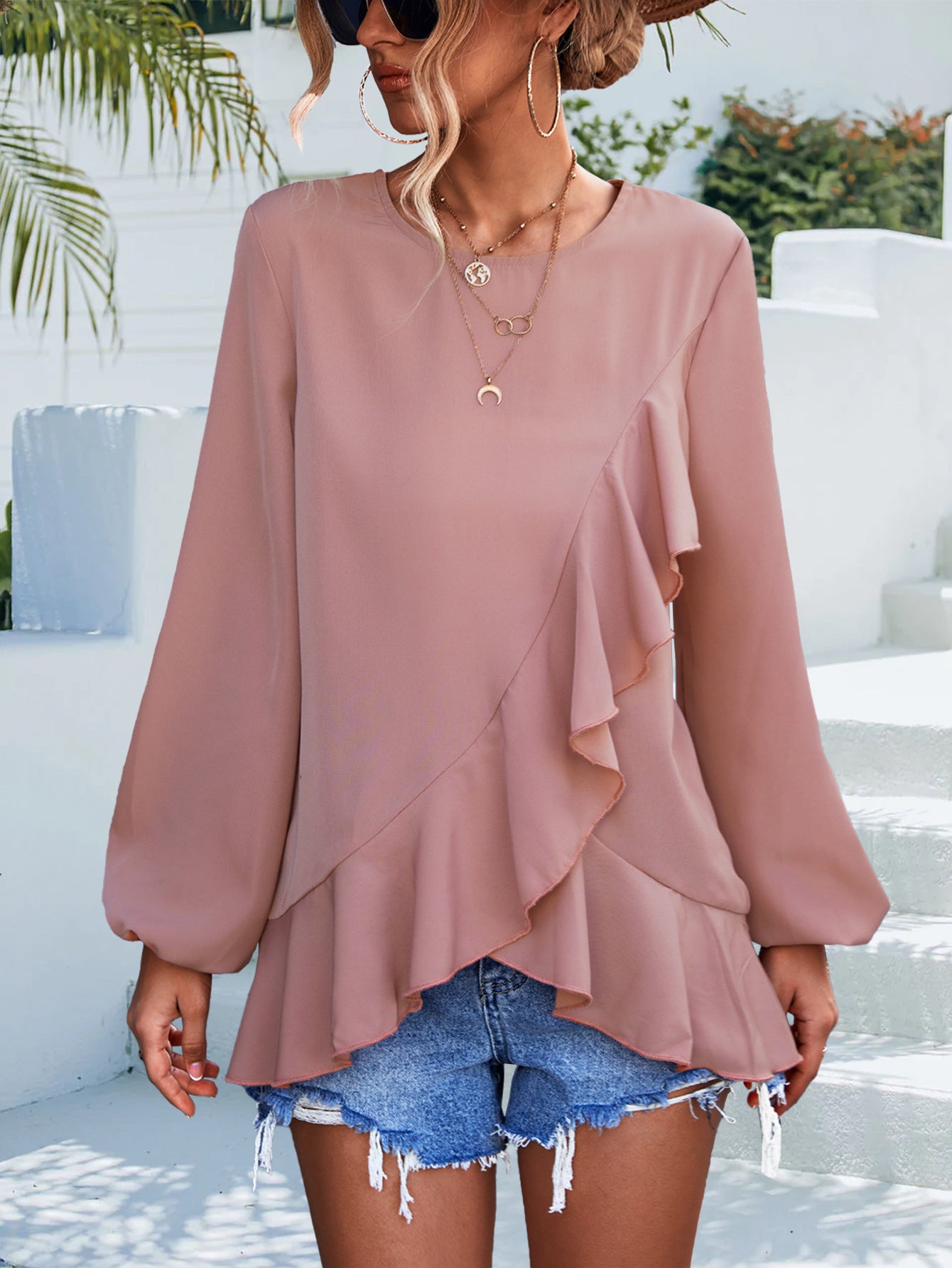 Ruffles Lantern Sleeve Irregular Asymmetric Top Shirt