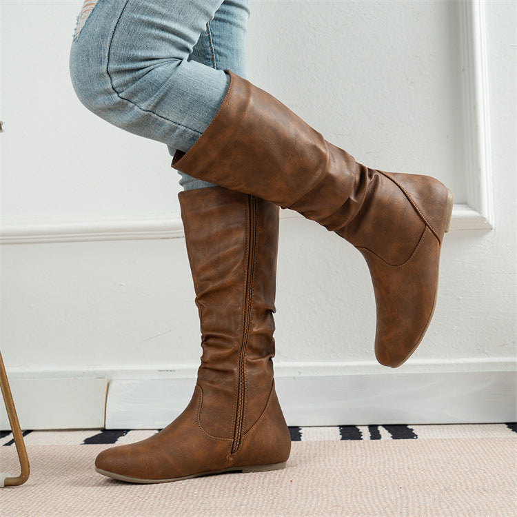 Pleated High Top Inner Zipper Flat Bottom round Head Boots