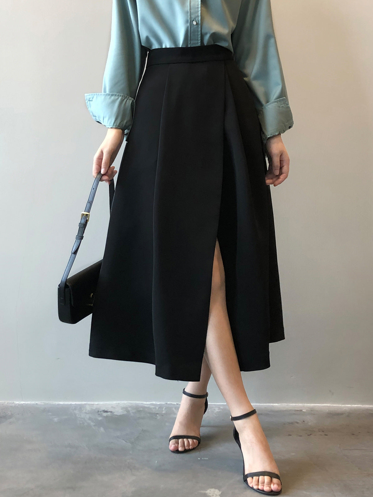 Elegant High Waist Office Slit A line Midi Skirt